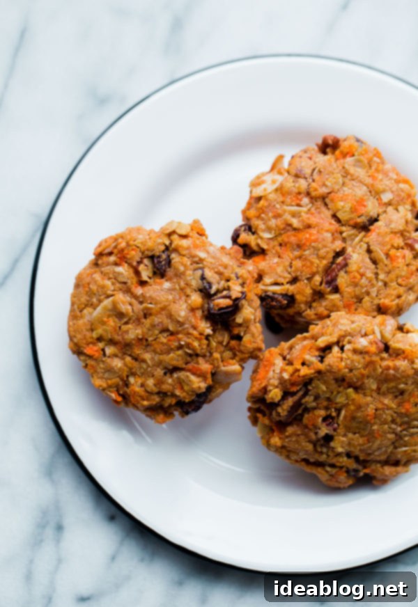 Wholesome Carrot Cake Breakfast Cookies 5 Two healthy Carrot Cake Breakfast Cookies stacked on a plate