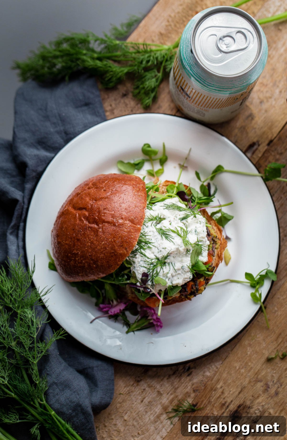 Savory Wild Rice Burgers with Creamy Herb Ricotta 6 Wild Rice Veggie Burgers with Herbed Ricotta, served on a plate, ready to be eaten. A wholesome and visually appealing vegetarian dish.