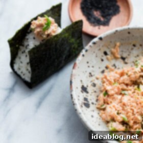 Spicy Tuna Onigiri 5 Spicy Tuna Onigiri - traditional Japanese onigiri filled with spicy Bella Portofino tuna.