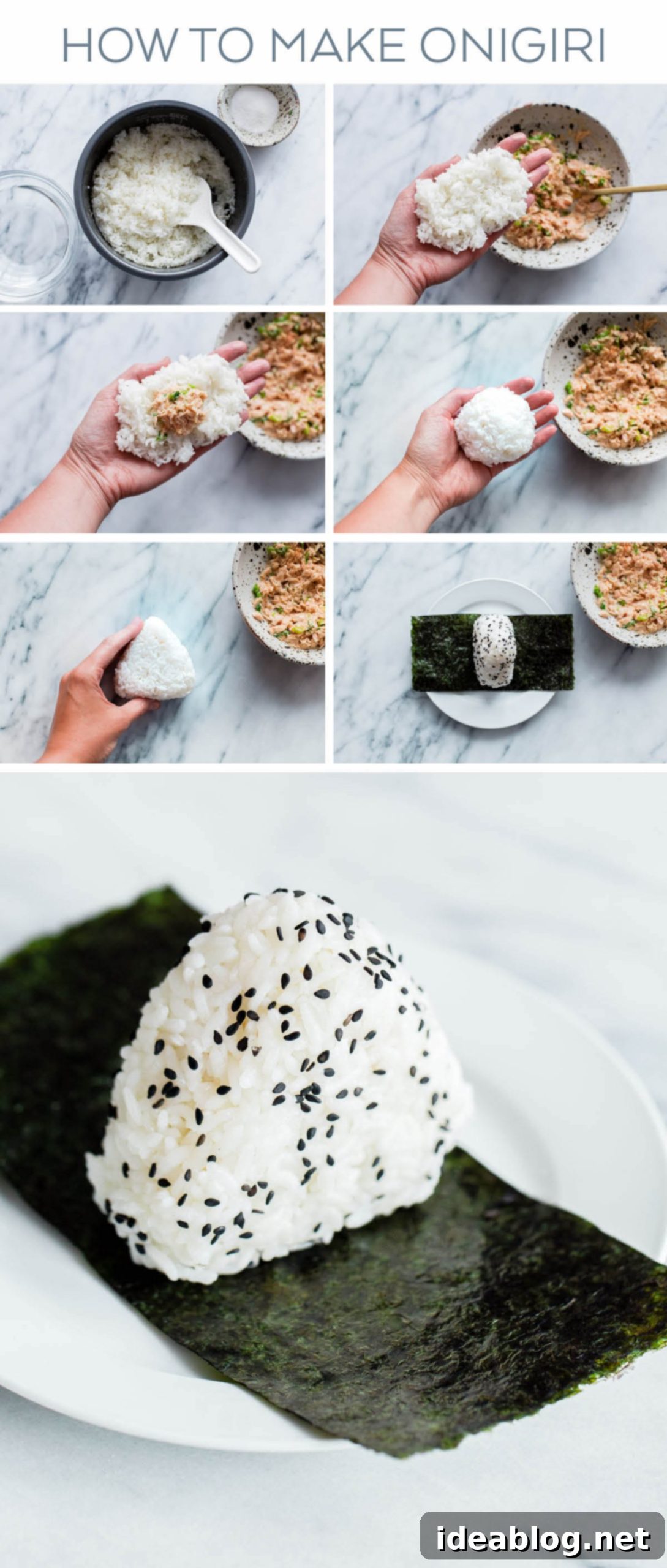 Homemade Spicy Tuna Onigiri - learn how to make homemade nigiri with this simple recipe! This spicy tuna onigiri version is filled with a simple filling of canned olive oil packed tuna, mayonnaise, sriracha, rice vinegar, and scallion. #onigiri #japanese #abeautifulplate #tuna #recipe #snack #glutenfree Step-by-step guide on how to prepare and shape onigiri, from forming the rice base to adding the filling and pressing into a triangular shape.