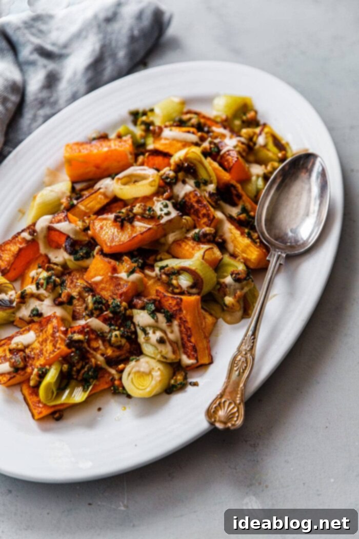 Cozy Fall Cooking: 10 Delightful Recipes 3 Roasted Butternut Squash and Leeks with Orange Tahini Sauce