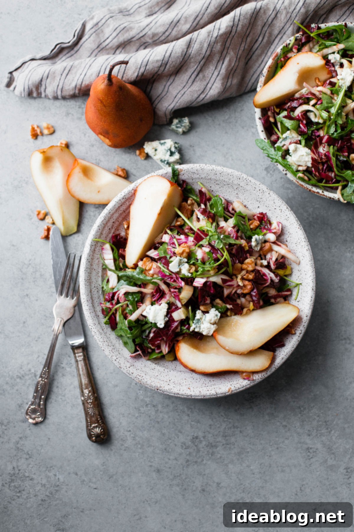 A beautifully plated Fall Harvest Salad, garnished with fresh pear slices and crumbled Gorgonzola. Plated Fall Harvest Salad with Pear and Gorgonzola garnish