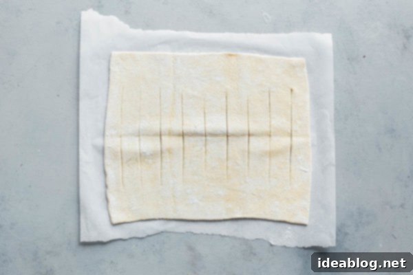 Sweet & Savory Butternut Radicchio Feta Tart 11 Guide to creating a lattice pattern on sliced puff pastry