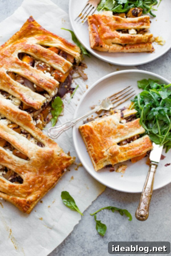 Sweet & Savory Butternut Radicchio Feta Tart 3 Butternut Squash Pie - a savory puff pastry pie filled with roasted butternut squash, shallots, radicchio, and feta cheese, ready for serving!