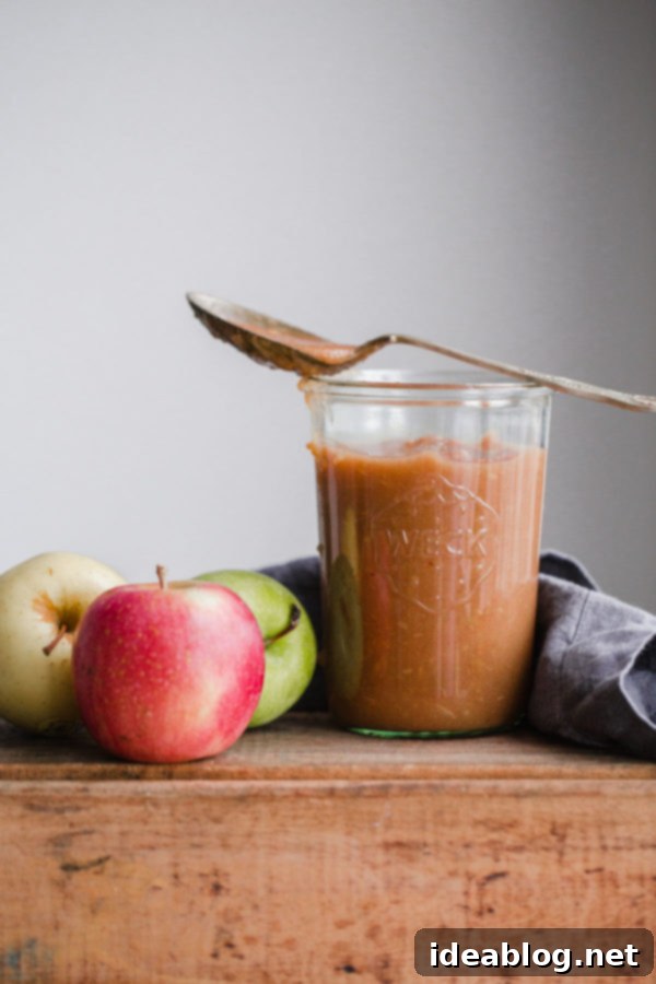 Instant Pot Apple Sauce - this EASY pressure cooker apple sauce recipe contains zero added sugar, requires zero peeling, and can be made in less than 30 minutes! Serve it with Greek yogurt and granola for a healthy breakfast. #instantpot #applesauce #apple #sugarfree #homemade Close-up of naturally spiced Instant Pot Applesauce in a bowl