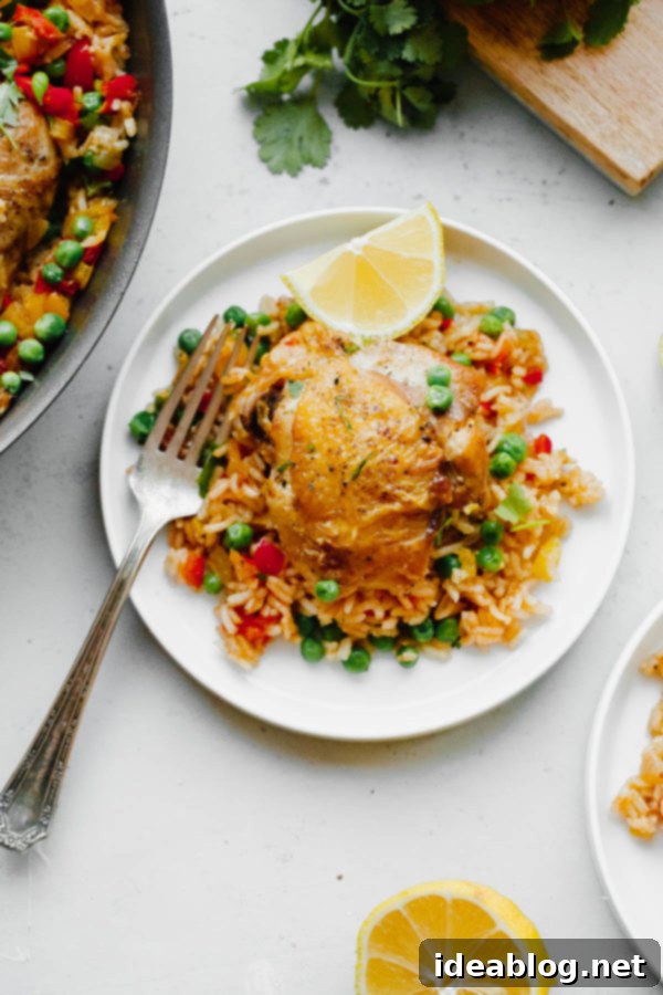 Arroz Con Pollo - an easy, comforting ONE pot meal that comes together in less than 45 minutes. This classic Spanish and Mexican dish is made with rice, chicken, bell peppers, and spices.  A close-up of Arroz Con Pollo beautifully plated, garnished with cilantro and lemon.