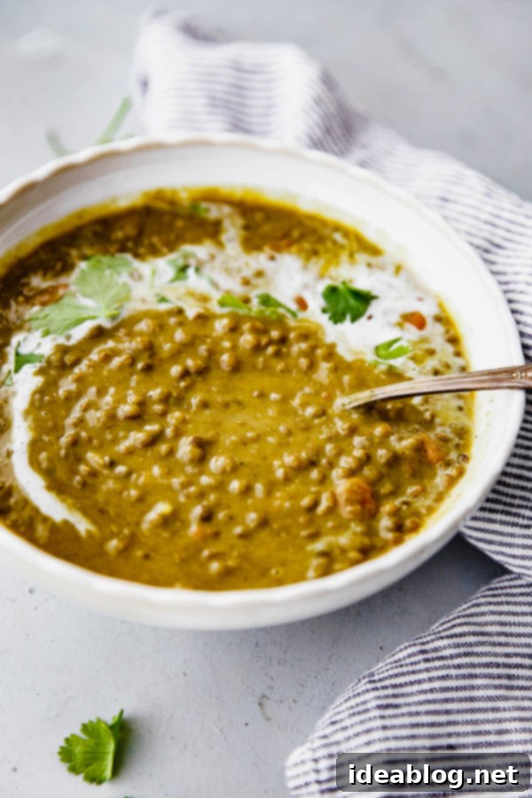 Fragrant Slow Cooker Curried Lentil Soup 6 A large pot of Slow Cooker Curried Lentil Soup simmering, ready for a final stir of coconut milk and lemon.
