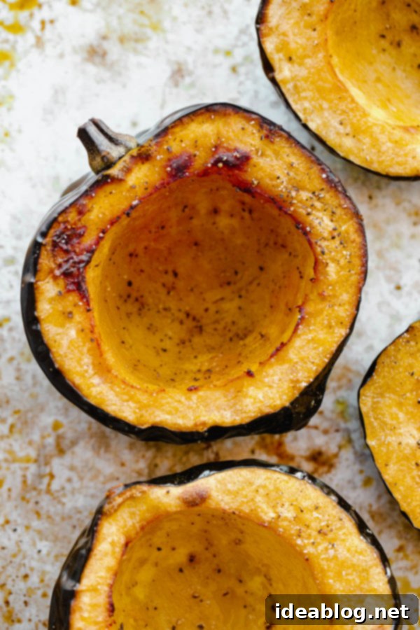 Wholesome Mediterranean Quinoa-Stuffed Acorn Squash 2 Close-up of a roasted acorn squash half, beautifully caramelized and ready to be filled.