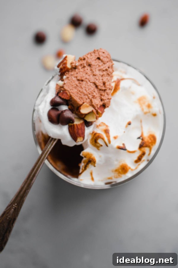 Spoonful of S'mores Chocolate Mousse Parfait A spoon scooping a portion of the Chocolate Mousse Parfait, showing all its delightful layers.