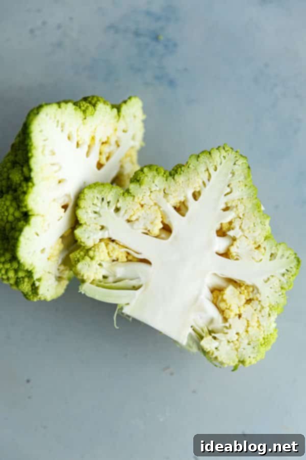 Romanesco Rhapsody Pasta 2 Romanesco Cauliflower Cut in Half, showing its internal structure.