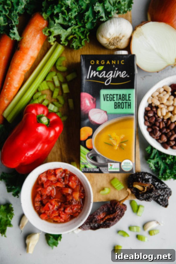 Hearty Vegetarian Chili - this healthy bean chili is packed with vegetables, black beans, kidney beans, white beans, and a hint of smokiness and spice from dried ancho chiles. Top with avocado, sour cream, tortilla chips, and cilantro! Vegan and Gluten Free. #vegan #chili #vegetarian #abeautifulplate #beans #soup #stew Vegetarian Chili Recipe Ingredients