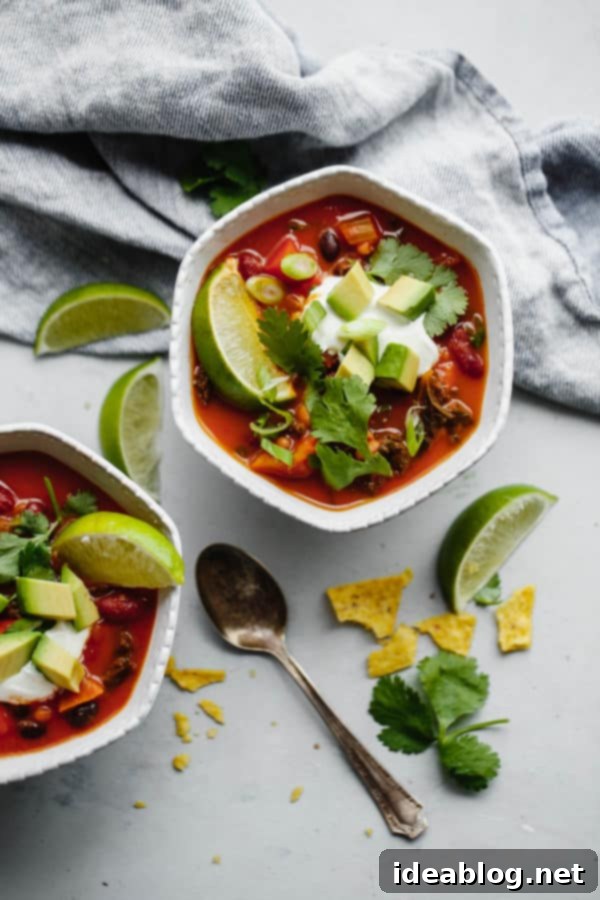 Hearty Vegetarian Chili - this healthy bean chili is packed with vegetables, black beans, kidney beans, white beans, and a hint of smokiness and spice from dried ancho chiles. Top with avocado, sour cream, tortilla chips, and cilantro! Vegan and Gluten Free. #vegan #chili #vegetarian #abeautifulplate #beans #soup #stew Bowls of Vegetarian Chili with Toppings