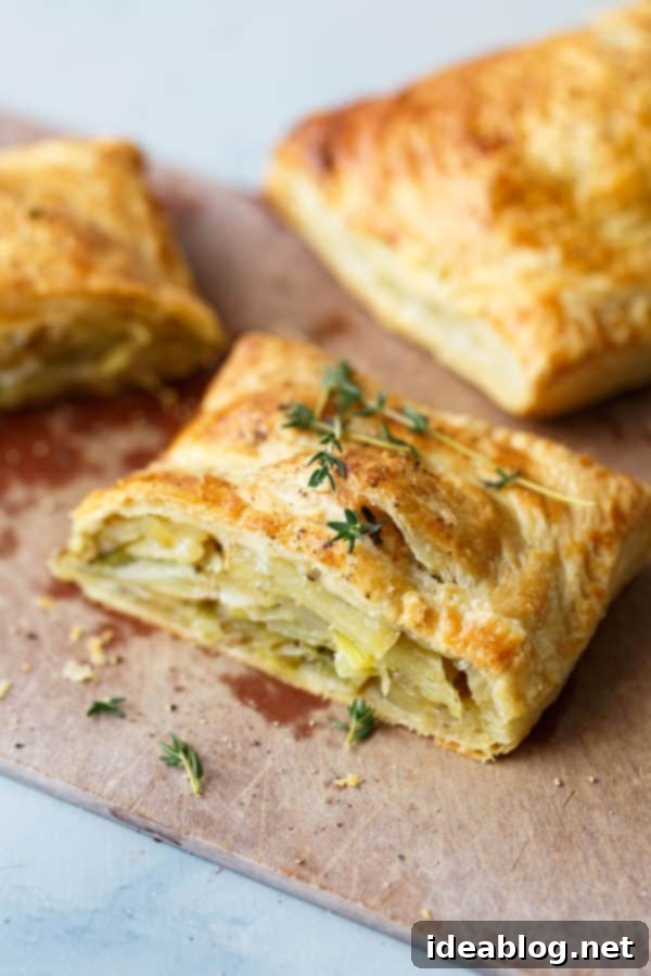 Potato Leek Cornish Pasty - a delicious classic English pastry made easy with store-bought puff pastry. The potato leek filling is combined with fresh thyme, sharp cheddar cheese, and cream to create a comforting, indulgent, and delicious main course! Sliced Potato Leek Cornish Pasties on a wooden cutting board, revealing the creamy and cheesy filling