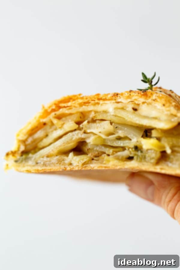 Potato Leek Cornish Pasty - a delicious classic English pastry made easy with store-bought puff pastry. The potato leek filling is combined with fresh thyme, sharp cheddar cheese, and cream to create a comforting, indulgent, and delicious main course! Golden brown vegetarian Cornish pasty with a perfectly flaky puff pastry crust on a cooling rack