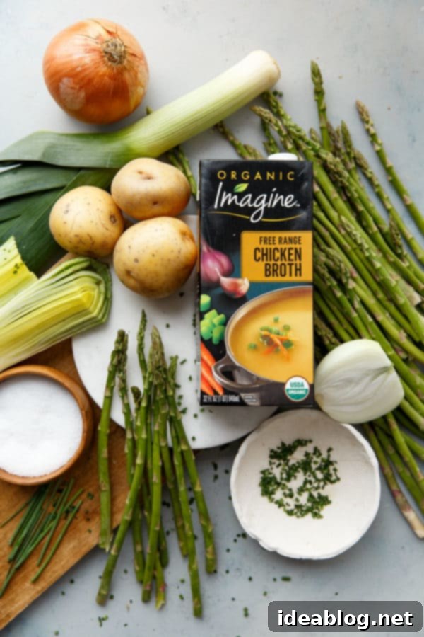 Asparagus Potato Soup - a simple pureed soup recipe to ring in the spring season! This silky smooth pureed soup has a base of fresh asparagus, Yukon gold potatoes, sweet leeks and onions, and is topped with a decadent homemade chive cream. #soup #asparagus #potato #leek #spring #recipe #abeautifulplate High-Quality Imagine Organic Free Range Chicken Broth for Soup