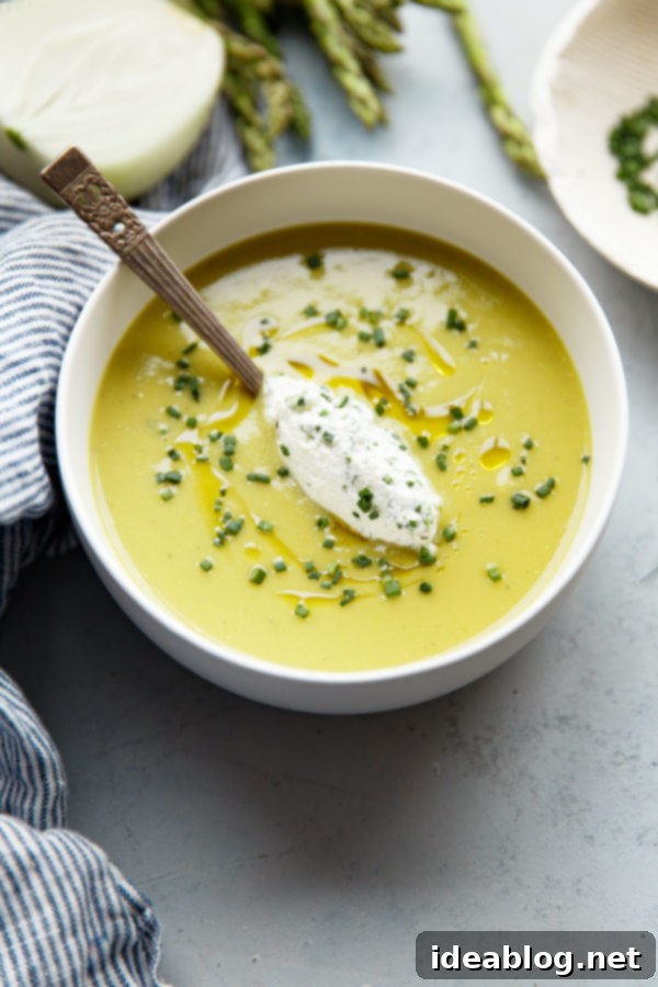 Asparagus Potato Soup - a simple pureed soup recipe to ring in the spring season! This silky smooth pureed soup has a base of fresh asparagus, Yukon gold potatoes, sweet leeks and onions, and is topped with a decadent homemade chive cream. #soup #asparagus #potato #leek #spring #recipe #abeautifulplate Close-up of Creamy Asparagus Potato Soup, Ready to Serve