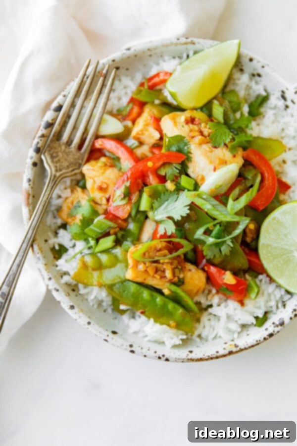 Easy Chicken Snow Pea Stir Fry - A quick and flavorful chicken stir fry with snow peas, bell peppers, ginger, garlic, sambal oelek, and soy sauce, ready in 30 minutes. Easy Chicken Snow Pea Stir Fry