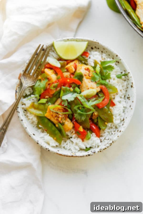 Easy Chicken Snow Pea Stir Fry - A close-up of a delicious chicken snow pea stir fry with bell peppers, garnished with fresh cilantro. Easy Chicken Snow Pea Stir Fry