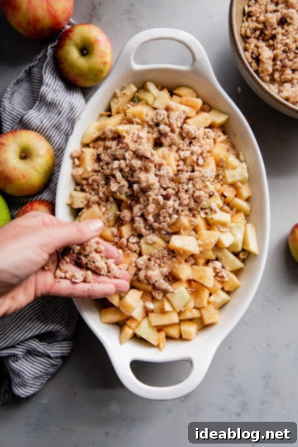 Apple Hazelnut Crisp - this DELICIOUS apple crisp recipe is the perfect mix of sweet and tart, and topped with a buttery hazelnut oat crisp topping. Crisp Topping Being Sprinkled Evenly on Top of Apple Filling