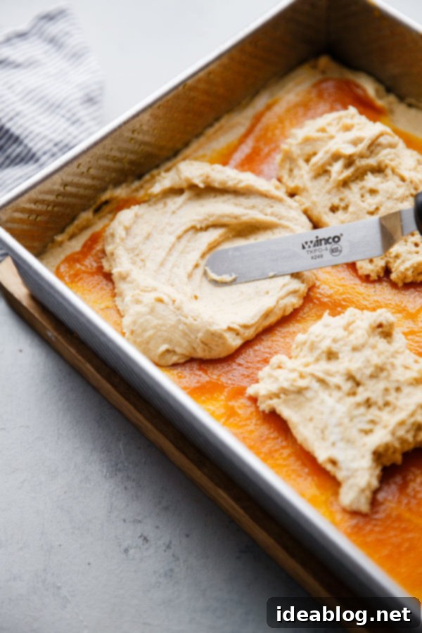Harvest Spice Coffee Cake with Creamy Pumpkin Swirl 9 The top layer of spiced coffee cake batter gently spread over the pumpkin butter layer in the baking pan.