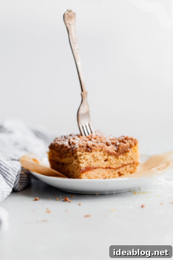 Spiced Coffee Cake with Pumpkin Butter Swirl - this AMAZING coffee cake recipe is infused with warm fall spices and filled with an incredible pumpkin butter layer. Perfect for holiday entertaining, breakfast, or brunch! A beautifully presented slice of Spiced Coffee Cake with Pumpkin Butter Swirl, featuring a rich streusel and warm fall spices, on a white plate with a fork.