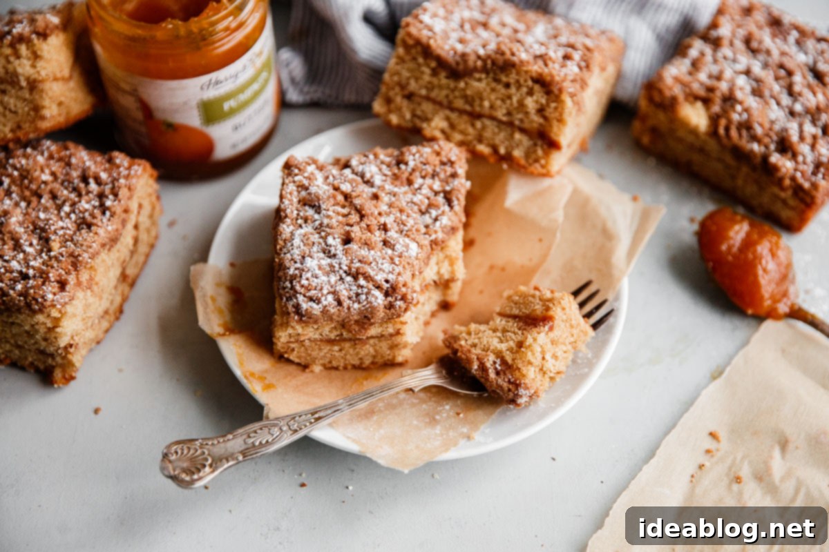 Harvest Spice Coffee Cake with Creamy Pumpkin Swirl 16 Delicious Spiced Coffee Cake with Pumpkin Butter Swirl, dusted with powdered sugar, ready to serve.