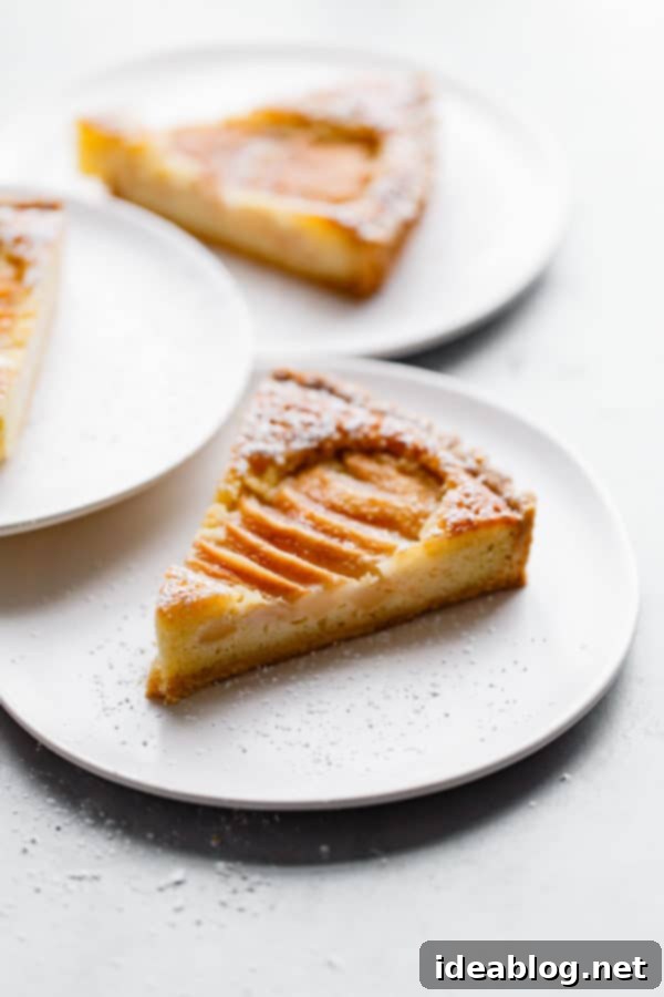 Pear Frangipane Tart - this classic French poached pear tart recipe is made with a sweet tart dough and filled with poached pears and frangipane (almond cream). This tart is delicious and is wonderful served on Thanksgiving or over the holiday season! Top with powdered sugar or apricot glaze. #tart #recipe #pear #frangipane #poached #French #dessert #pastry A close-up shot of a single slice of Pear Frangipane Tart, artfully plated with a light dusting of powdered sugar, showcasing the tender poached pear and creamy almond filling, ready to be enjoyed