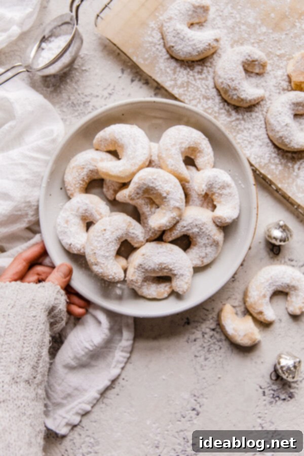 Almond Crescent Cookies - these traditional Almond Crescent Cookies (or Austrian kipferl cookies) are my go-to easy Christmas cookies. Buttery, crisp, and impossible to resist! #abeautifuplate #almondflour #kipferl #almondcrescentcookies #recipe #dessert #Christmas #holiday #baking Almond Crescent Cookies, perfectly shaped and dusted with powdered sugar, ready for the holidays.
