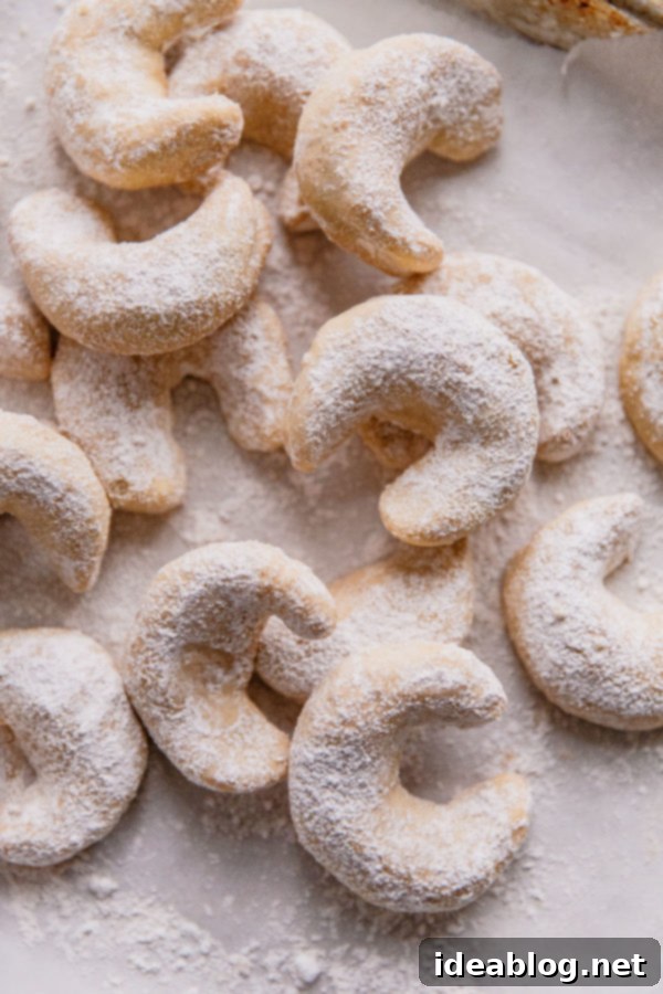 Almond Crescent Cookies - these traditional Almond Crescent Cookies (or Austrian kipferl cookies) are my go-to easy Christmas cookies. Buttery, crisp, and impossible to resist! #abeautifuplate #almondflour #kipferl #almondcrescentcookies #recipe #dessert #Christmas #holiday #baking A closer look at a plate of Almond Crescent Cookies, showing their delicate, powdery coating and perfect crescent shape.