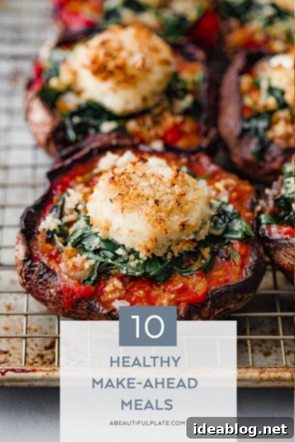 10 Healthy Make Ahead Meals - these hearty, wholesome meals that can be prepped almost entirely ahead or made even easier with a few basic tips.  Make Ahead Stuffed Portobello Mushrooms