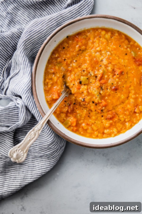 Healthy, hearty, and delicious Red Lentil Soup made with simple ingredients like onions, leeks, carrots, celery, crushed canned tomatoes, and red split lentils. Naturally gluten free, this delicious soup recipe will become a staple in your kitchen! #abeautifulplate #glutenfree #lentils #healthy #soups via @abeautifulplate Close-up of Split Red Lentil Soup in a white bowl, showing its thick, creamy texture and vibrant color.