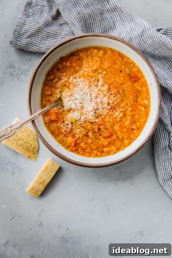 Healthy, hearty, and delicious Red Lentil Soup made with simple ingredients like onions, leeks, carrots, celery, crushed canned tomatoes, and red split lentils. Naturally gluten free, this delicious soup recipe will become a staple in your kitchen! #abeautifulplate #glutenfree #lentils #healthy #soups via @abeautifulplate Red Lentil Soup served in a bowl, generously topped with freshly grated Parmesan cheese, ready to be enjoyed.