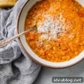 Wholesome Red Lentil Soup 2 A beautifully presented bowl of Red Lentil Soup with grated cheese.