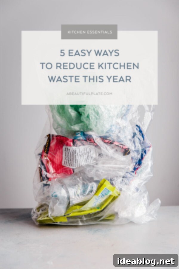 5 Easy Ways to Reduce Kitchen Waste - helpful resources, practical tools and tips, and approachable ways to reduce your kitchen waste and carbon footprint.  Eco-friendly kitchen with reusable items and fresh produce, promoting waste reduction