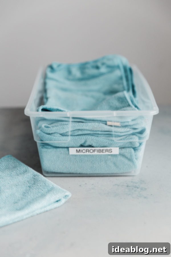 5 Easy Ways to Reduce Kitchen Waste - helpful resources, practical tools and tips, and approachable ways to reduce your kitchen waste and carbon footprint.  Labeled container holding clean microfiber cloths, ready for use as a paper towel alternative.