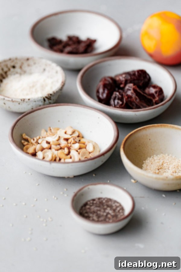 Coconut Cashew Chia Power Bites 2 All the wholesome ingredients for no-bake energy bites laid out, including dates, cashews, shredded coconut, and orange.