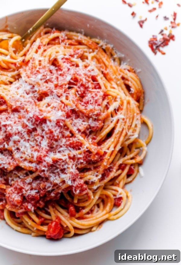 Valentine's Delights: 14 Sweet & Savory Creations 11 Spaghetti Amatriciana with Pecorino Romano cheese and fresh basil