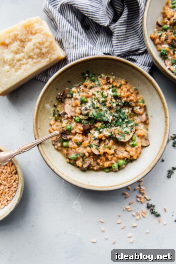Hearty Mushroom Farro Risotto - an easy and healthy dinner recipe with a no-stir technique, full of mushroom and herb goodness. Close-up of a rustic bowl filled with creamy Mushroom Farro Risotto, garnished with fresh herbs, showcasing the rich texture and appealing presentation.