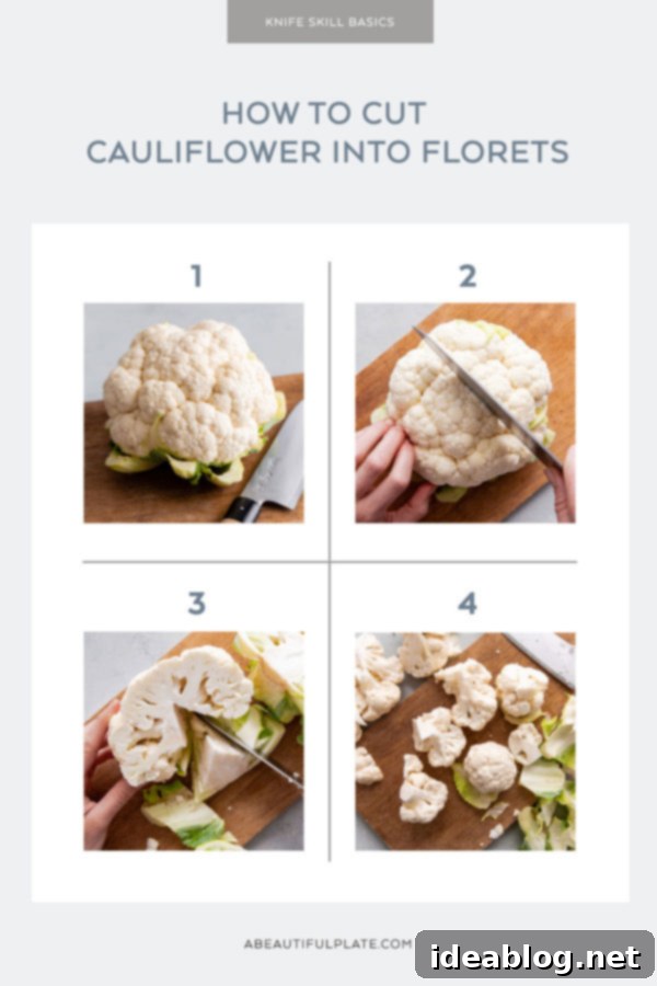 How to Cut Cauliflower - a simple step by step guide on how to cut cauliflower (and how to cut cauliflower florets) for your favorite cauliflower recipes. #abeautifulplate #cooking #guide #cauliflower #howto Cauliflower Florets Ready for Cooking
