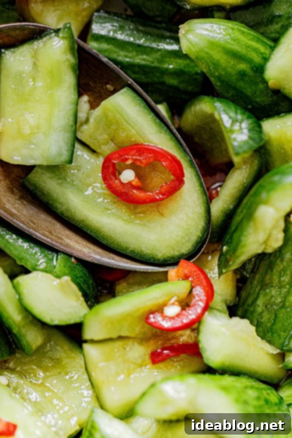 Garlic Chili Smashed Cucumber Salad 3 Close up of Smashed Chinese Cucumber Salad in a Bowl