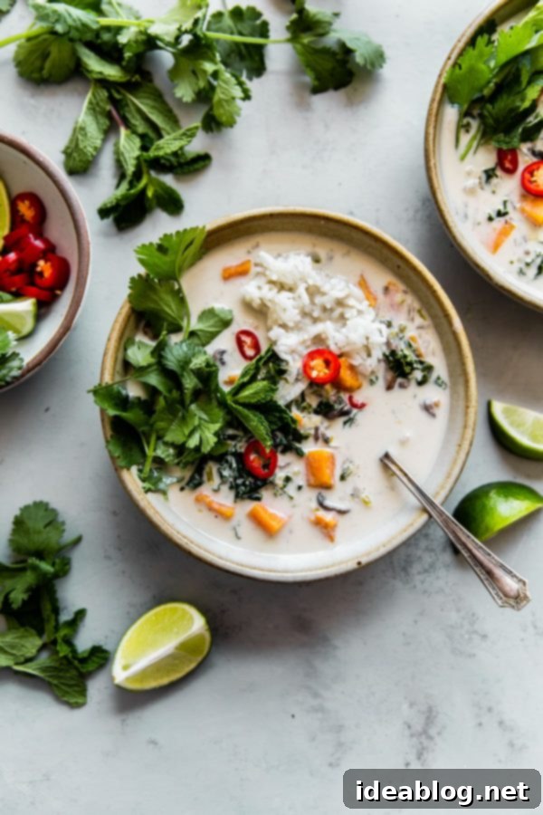 Vegetarian Thai Coconut Soup (Easy Tom Kha Gai) - a delicious, fragrant, vegan Thai coconut soup prepared with sweet potato and kale. #coconutsoup #tomkhagai #thai #recipe #soup #vegan #glutenfree #dairyfree #vegetarian #abeautifulplate #recipe  Vegan Thai Coconut Soup