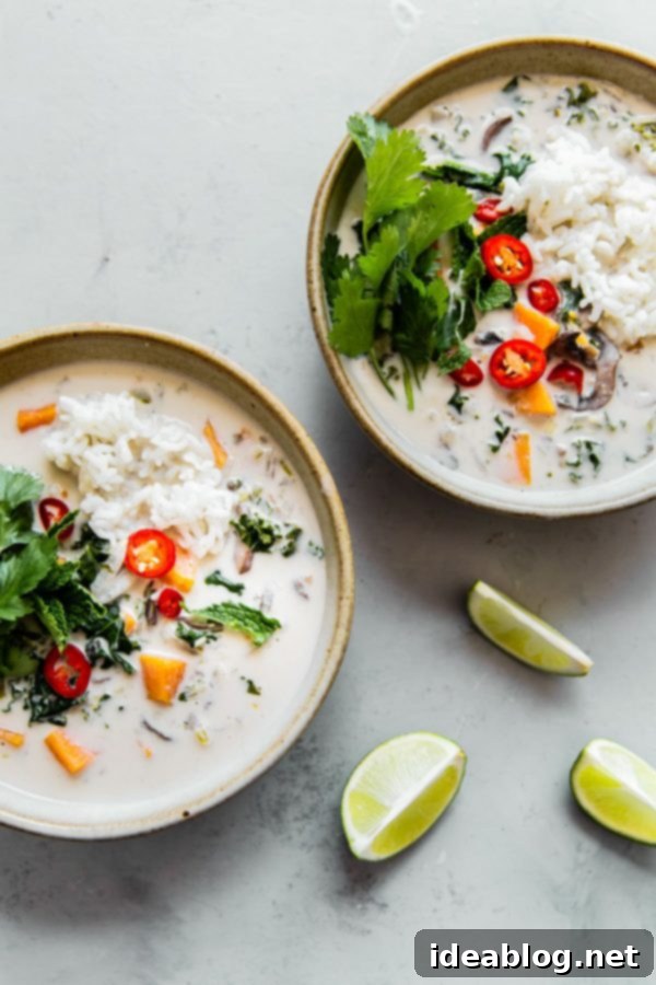 Aromatic Thai Coconut Soup with Golden Sweet Potato and Vibrant Kale 2 Easy Tom Khai Gai