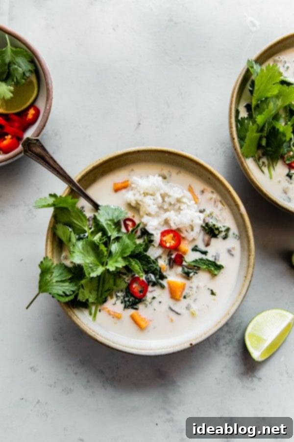 Vegetarian Thai Coconut Soup (Easy Tom Kha Gai) - a delicious, fragrant, vegan Thai coconut soup prepared with sweet potato and kale. #coconutsoup #tomkhagai #thai #recipe #soup #vegan #glutenfree #dairyfree #vegetarian #abeautifulplate #recipe  Vegetarian Thai Coconut Soup