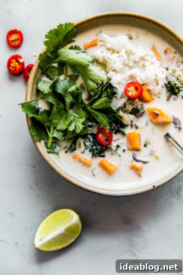 Vegetarian Thai Coconut Soup (Easy Tom Kha Gai) - a delicious, fragrant, vegan Thai coconut soup prepared with sweet potato and kale. #coconutsoup #tomkhagai #thai #recipe #soup #vegan #glutenfree #dairyfree #vegetarian #abeautifulplate #recipe  Thai Coconut Soup