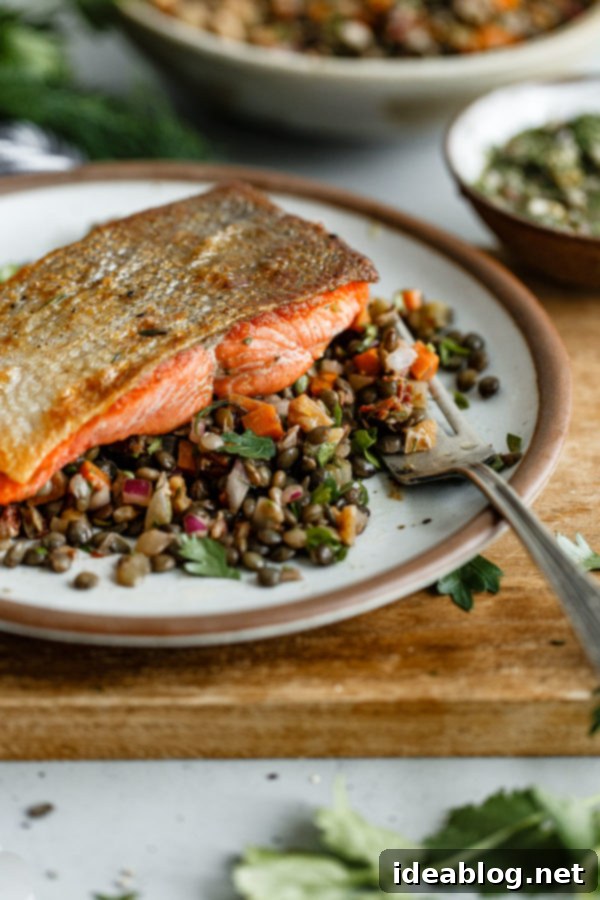 Pan Seared Salmon with Lentils - crispy pan seared salmon topped with a zesty caper herb vinaigrette and served alongside a flavorful French lentil salad. #sponsored #salmon #lentils #abeautifulplate #recipe #healthy #dinner #glutenfree #dairyfree Pan Seared Salmon with French Lentil Salad - a perfectly plated dish, ready to be enjoyed.