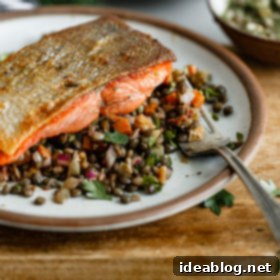Golden Seared Salmon with Bright Caper-Herb Vinaigrette and Hearty French Lentil Salad 8 Pan Seared Salmon with Caper Herb Vinaigrette and French Lentil Salad