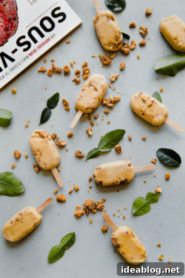 Honey Peanut Butter Custard Popsicles - creamy peanut butter custard popsicles, prepared filled with candied peanut clusters! This sous vide custard recipe is prepared in an immersion circulator to create a smooth texture and pasteurize the eggs for safe eating. Sponsored by @cuisinesolutions. #ILOVESOUSVIDE #sousvidemagazine #dessert #popsicle #custard #peanutbutter #easyrecipes #sousvide Honey Peanut Butter Popsicles from Sous-Vide Magazine Recipe