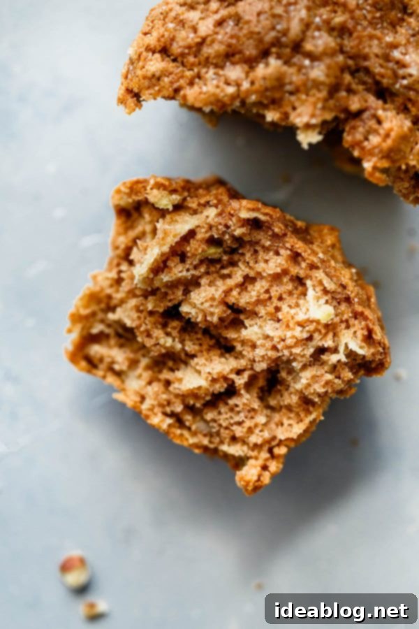 Wholesome Apple Cinnamon Muffins 7 Close-up of a Whole Wheat Apple Cinnamon Muffin, revealing its tender, moist crumb.