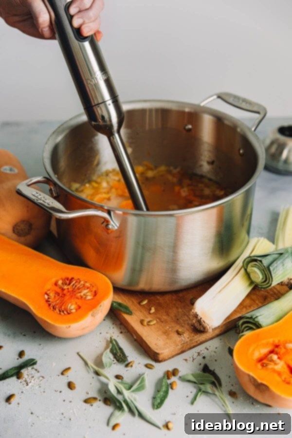 Golden Roasted Butternut Comfort 3 Blending Roasted Butternut Squash Soup with Immersion Blender