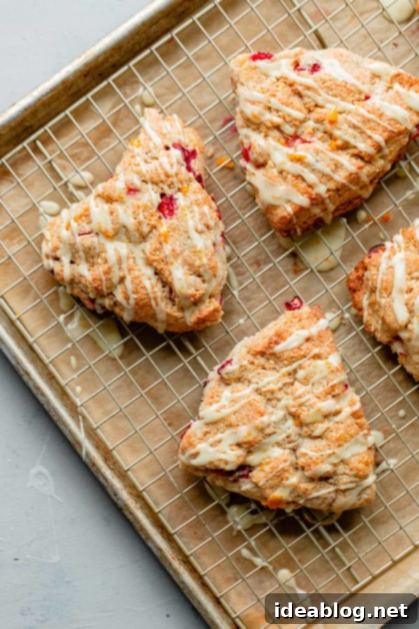 Sunrise Cranberry Orange Scones 3 A Cranberry Orange Scone drizzled with a sweet orange glaze, displayed on a wooden board.